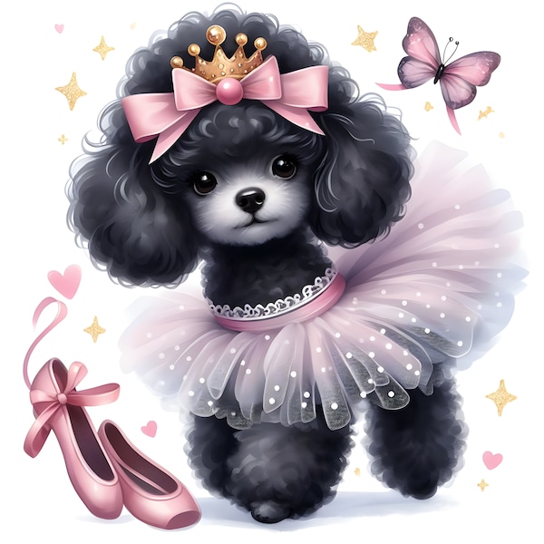 Black Poodle, ballet cute Watercolor,PNG , Animal Poster, Poodle BALLERINA Poodle Puppy Dog Printable Vintage Ballet Greeting Card Image