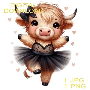 Vache Highland Clipart aquarelle mignon noeud léopard bébé vache PNG et JPG vache écossaise Graphic Design Illustration impression juste un peu gracieux