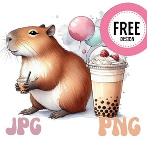 May include: A watercolour illustration of a capybara holding a small drink with a straw. A large bubble tea with whipped cream and raspberries sits next to the capybara. Two balloons and the words "FREE DESIGN", "JPG", and "PNG" are also in the image.