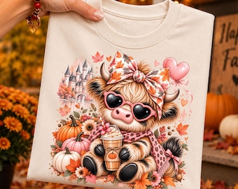 May include: A cream-coloured t-shirt featuring a graphic of a fluffy highland cow wearing heart-shaped sunglasses and a bow, holding a coffee cup. The design includes a castle, pumpkins, autumn leaves, and a pink heart on a light background.