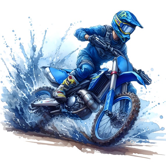 Motocross Watercolor, Blue Motocross Bike Boys Clipart Off-Road Motorcycle PNG Commercial Use Racing Motocross PNG Watercolor Illustration