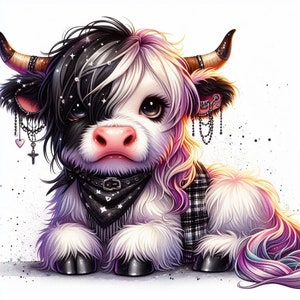 Highland Cow,Akwarela Clipart,Słodki Emo,Highland Goth Farm Animal PNG,Słodki Emo Cow Digital Download,Punk Cow Printable Art,Ciemna Estetyka