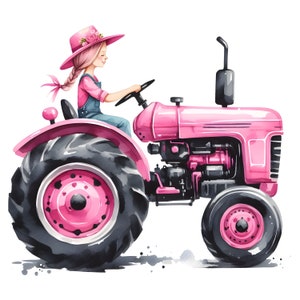 May include: Watercolor illustration of a pink tractor with black tires. A person wearing a pink hat and overalls is driving the tractor. The tractor has a black exhaust pipe and a black steering wheel. The background is white.