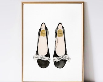 Designer Inspired Ballet Flats Print, Parisian Chic Wall Art, Elegant Shoe Illustration, Fashion Lover Gift, Minimal Black White Decor