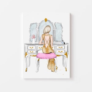 Art Print: Girl at Vanity (Blond hair Available in other Hair Colors/Skin Tones) - Vanity Art - Fashion Illustration - Glam home decor