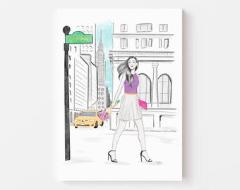 Ilustração de moda impressa - Quinta Avenida, Nova Iorque - Arte em aquarela