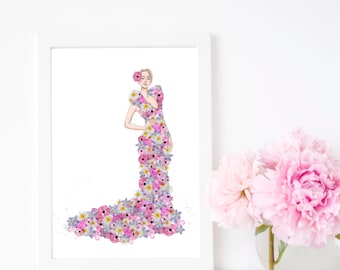 Floral Fashion Illustration Art Print, Botanical Wall Decor