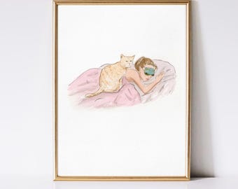 Coquette Cat Art Print, Soft Girl Aesthetic Wall Art, Feminine Bedroom Decor, Chic Woman Illustration, Pink Cozy Art, Cat Lover Gift