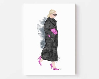 Lámina ilustrada de moda: Chica con abrigo negro y accesorios rosas.