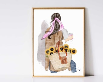 Floral Fashion Illustration Art Print, Sunflowers in Loewe
