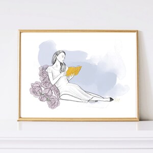 Book Lover (blue background) - Glam Watercolor Painting Wall Decor - Beauty Art - Simple Fashion Artwork - Fashion art Print - Reader Art