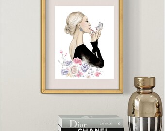 Fashion Illustration Art Print, Girl with Lipstick, Floral Decor