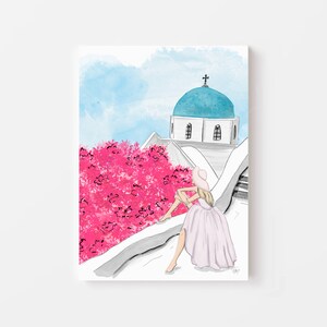 Girl in Santorini Fashion Art Print - Watercolor Wall Decor - Greece Travel Art, Santorini Landscape, Fashion Illustration, Summer Wall Art