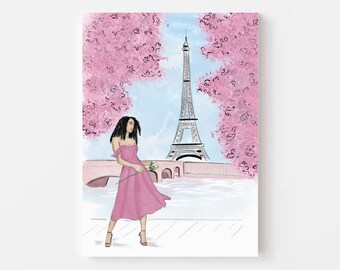 Impression d'art illustration de mode à Paris : tour Eiffel, fleurs de printemps