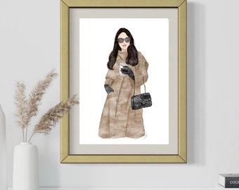 Fashion Illustration Kunstdruck: Elegante Frau trinkt Kaffee
