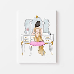 Stampa artistica: Girl at Vanity (capelli neri disponibili in altri colori di capelli/tonalità della pelle) - Vanity Art - Fashion Illustration - Glam home decor