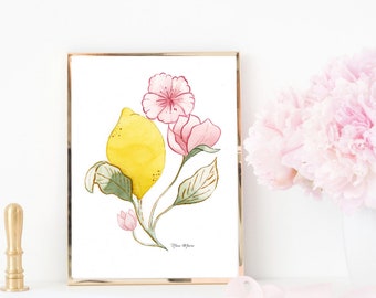 Lemon Flower Watercolor Art Print, Botanical Kitchen Decor