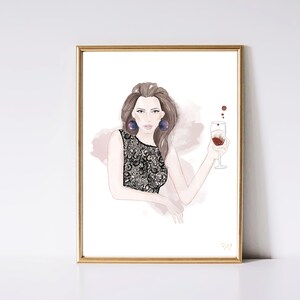 Könnte beinhalten: Eine digitale Illustration einer Frau in einem schwarzen Spitzenkleid und großen violetten Ohrringen. Sie hält ein Glas Rotwein in der Hand und lächelt.