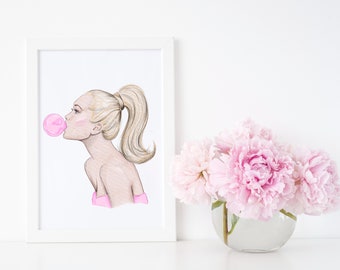 Girly Fashion Illustration Art Print - Pink Bubble Watercolor Decor
