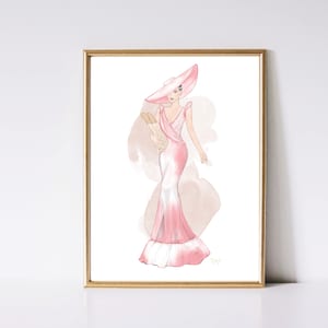 Ragazza di Parigi con stampa artistica Baguette - Decorazione da parete rosa - Bella arte - Opera d'arte di moda - Illustrazione di moda - Pittura ad acquerello