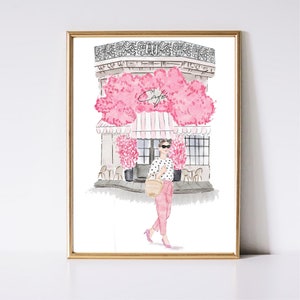 Stampa artistica da parete Paris Cafe (Illustrazione di moda), Arte rosa, Arte della parete di moda, Schizzo di moda, Galleria a parete, Regalo per lei, Ispirato a Parigi