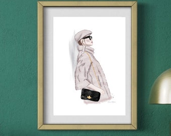 Fashion Illustration Print: Chic Woman with Beret, Watercolor Wall Art