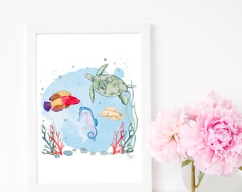 Sea Creatures Watercolor Print, Ocean Nursery Wall Art