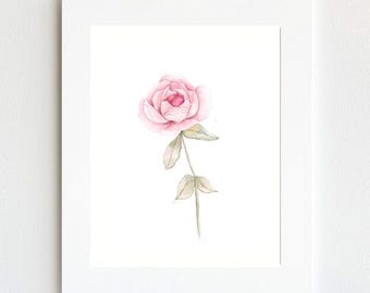 Minimalist Pink Rose Watercolor Print, Botanical Wall Art