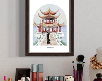 Taiwan Temple Watercolor Fashion Art Print – Home Decor