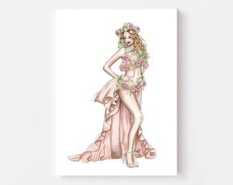 Watercolor Fashion Illustration Art Print: Botanical Dress Sketch