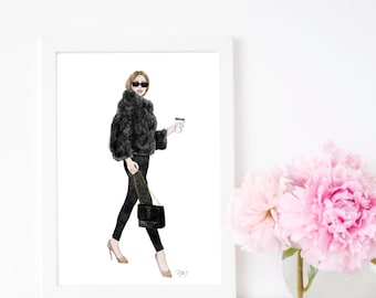 Fashion Illustration Art Print: Coffee Lover, Chic Glamour