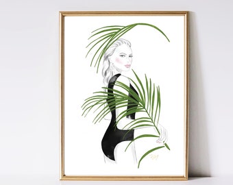 Tropical Girl Art Print – Palm Leaf Watercolor Fashion Illustration