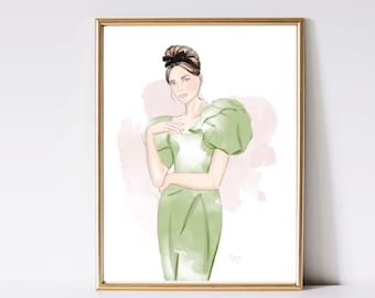 Fashion Illustration Art Print – Retro Green Dress Watercolor Painting