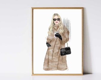 Lámina de ilustración de moda: Amante del café, mujer elegante