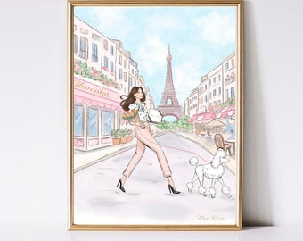 Paris Fashion Illustration Print with Poodle | Pink Watercolor Eiffel Tower Art