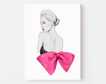 Ilustração de moda com laço rosa – Impressão artística em aquarela elegante