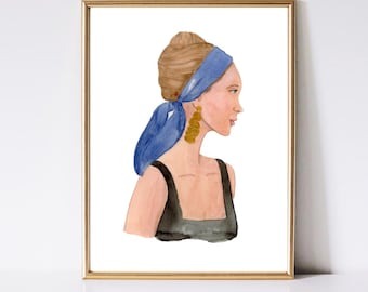 Modeillustrationen: Bezauberndes Mädchen mit blauer Schleife, Aquarellkunst