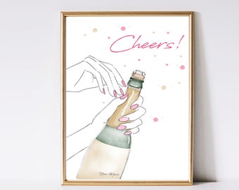 Puede incluir: Una ilustración de acuarela de una mano abriendo una botella de champán con la palabra "Cheers!" en letras rosas.