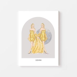 Gemini Watercolor Art Print Fashion Artwork Zodiac Art Fashion Illustration Print Wall Decor for Home Art Gift Idea for Her