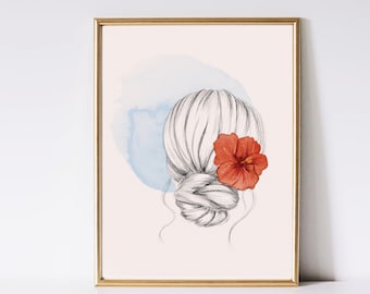 Hibiscus Flower Art Print, Tropical Minimalist Wall Decor
