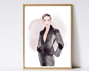 Girl Boss Watercolor Fashion Illustration, Glam Office Decor