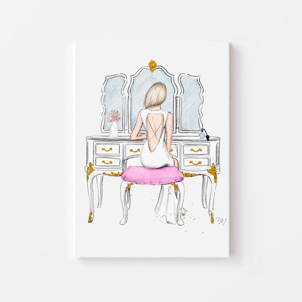 Se préparer pour son impression d'art de jour de mariage - impression d'art de vanité de mode - illustration de mariage - art de décor de mariage - cheveux blonds