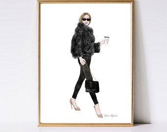 Mode Illustration Kunstdruck: Kaffee Mädchen, Büro Dekor