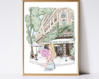 Paris Cafe Watercolor Print, Fashion Illustration, European Chic Art
