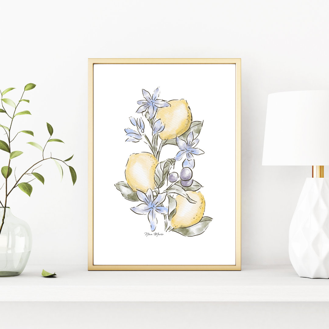 Lemon Floral Watercolor Art Print, Botanical Kitchen Wall Decor