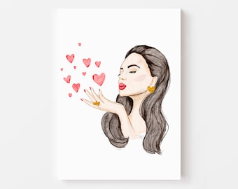 Blow Kisses Fashion Print - Aquarell Frau Porträt Kunst