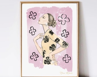 Fashion Illustration Print, Floral Dress Wall Art, Watercolour Fashion Wall Art, Elegant Wall Art, Feminine Art