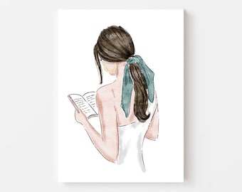 Fashion Illustration Art Print - Girl Reading Book, Watercolor Minimalist Decor