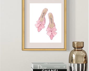Pink Shoe Watercolor Art Print, Girly Fashion Illustration