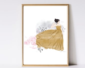 Gold Gown Fashion Art Print – Chic Watercolor Illustration